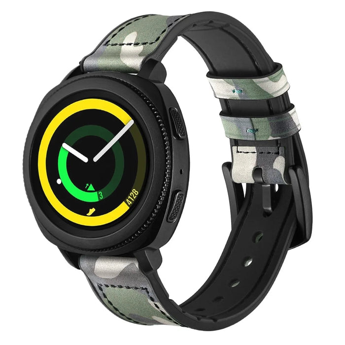 For Samsung Gear Sport (S4) Silicone Cowhide Leather Watch Strap - Green Camouflage - 3