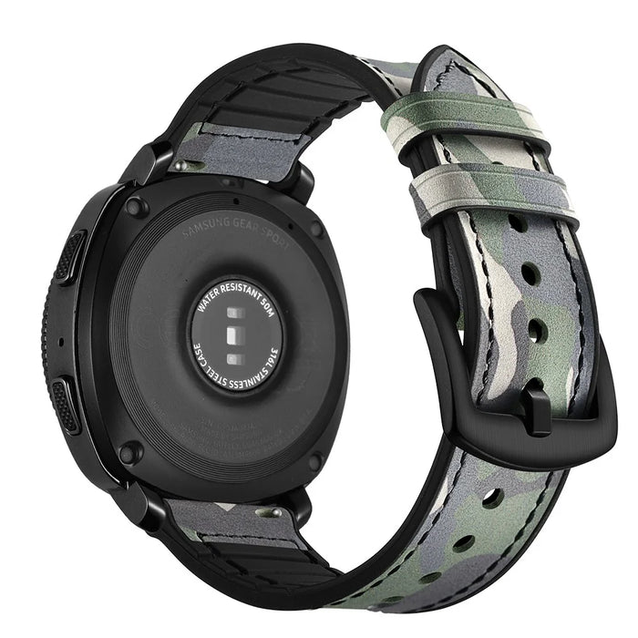 For Samsung Gear Sport (S4) Silicone Cowhide Leather Watch Strap - Green Camouflage - 4