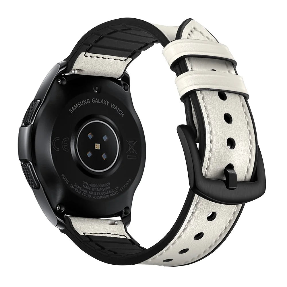 For Samsung Galaxy Watch4 Classic 46mm 42mm/Galaxy Watch4 44mm 40mm/Galaxy Watch 42mm 20mm Silicone Cowhide Leather GW-Midnight Black Watch Band - White - 4