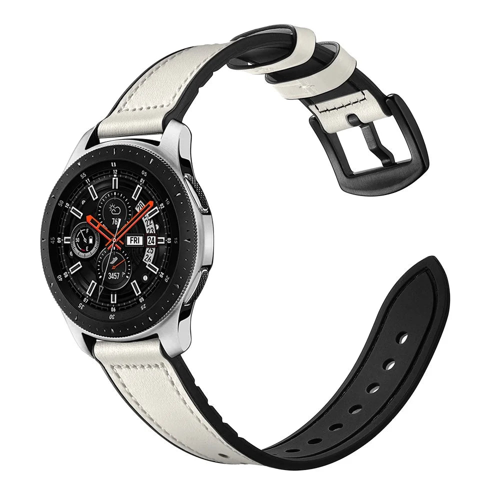For Samsung Galaxy Watch 46mm Silicone Cowhide Leather GW-Titanium Silver 22mm Watch Band - White - 2