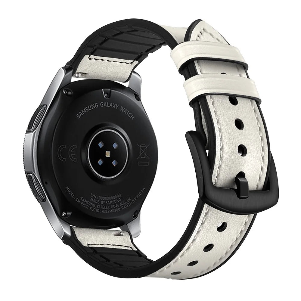 For Samsung Galaxy Watch 46mm Silicone Cowhide Leather GW-Titanium Silver 22mm Watch Band - White - 4