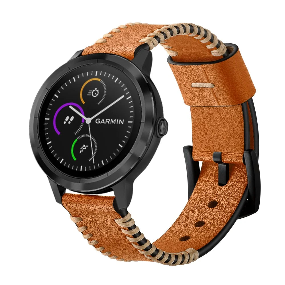 20mm Pork Ribs Style Genuine Leather Watch Band Strap for Garmin Vivoactive 3/Vivomove HR - Brown - 2