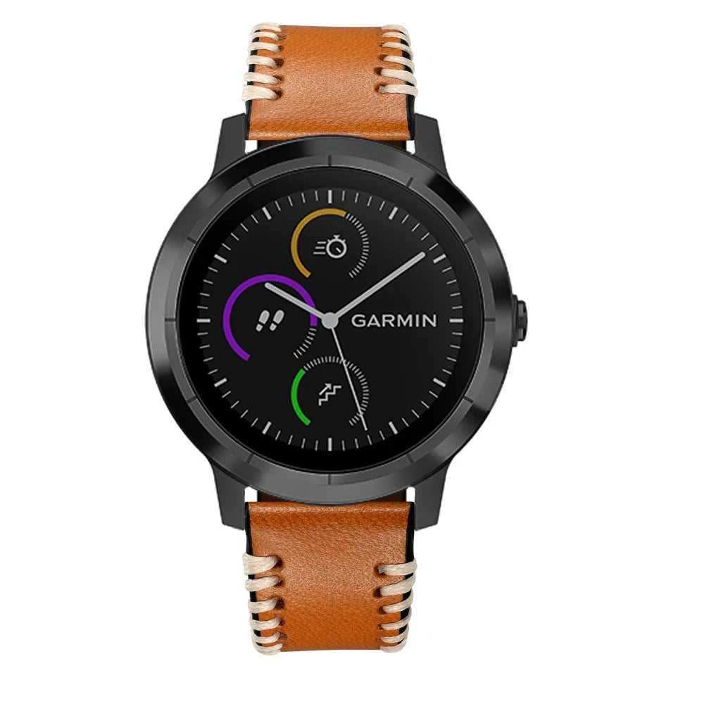 20mm Pork Ribs Style Genuine Leather Watch Band Strap for Garmin Vivoactive 3/Vivomove HR - Brown - 3