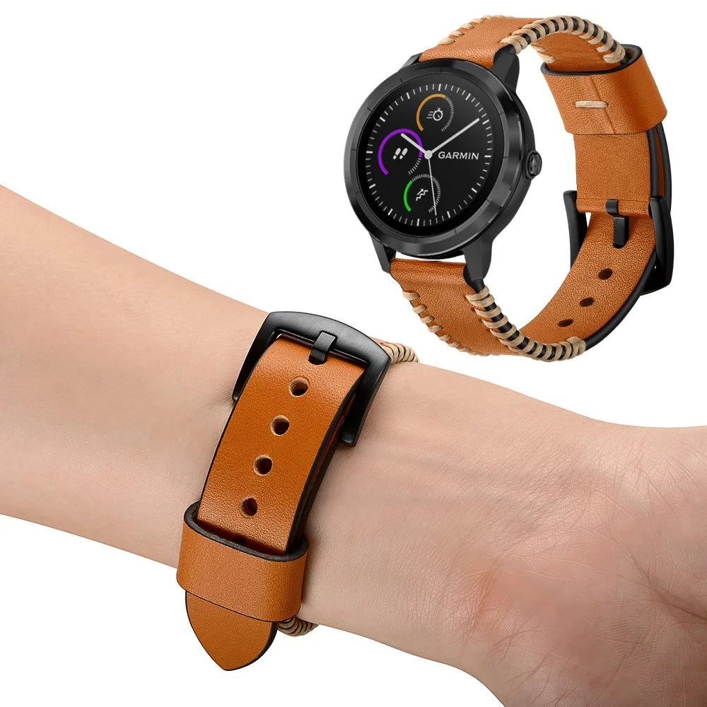 20mm Pork Ribs Style Genuine Leather Watch Band Strap for Garmin Vivoactive 3/Vivomove HR - Brown - 5