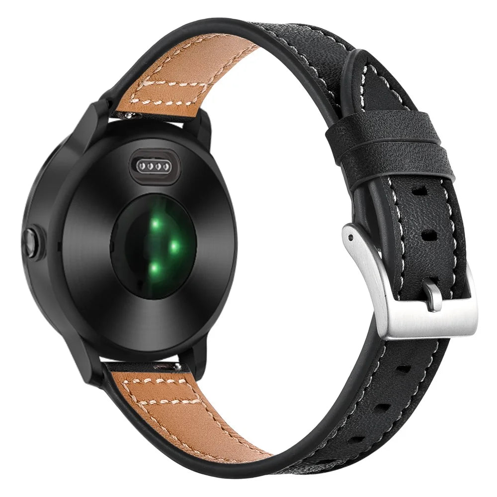 For Garmin Vivoactive 3/Vivomove HR Top-layer Cowhide Leather Silver Buckle Watch Strap 20mm - Black - 1