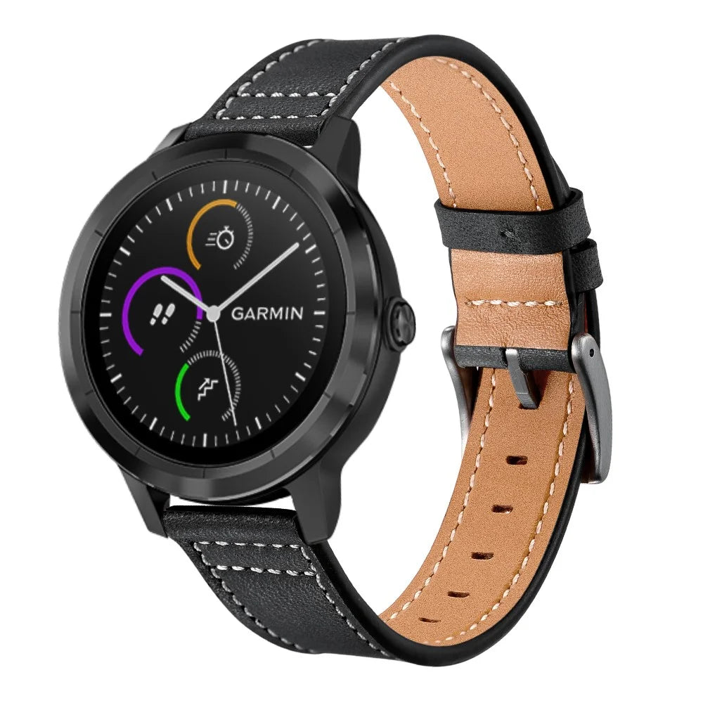 For Garmin Vivoactive 3/Vivomove HR Top-layer Cowhide Leather Silver Buckle Watch Strap 20mm - Black - 2