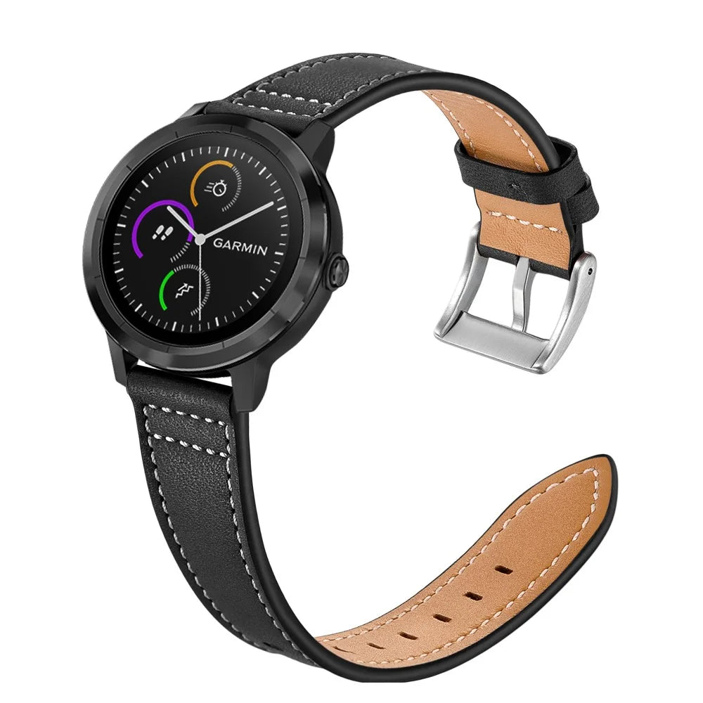 For Garmin Vivoactive 3/Vivomove HR Top-layer Cowhide Leather Silver Buckle Watch Strap 20mm - Black - 3
