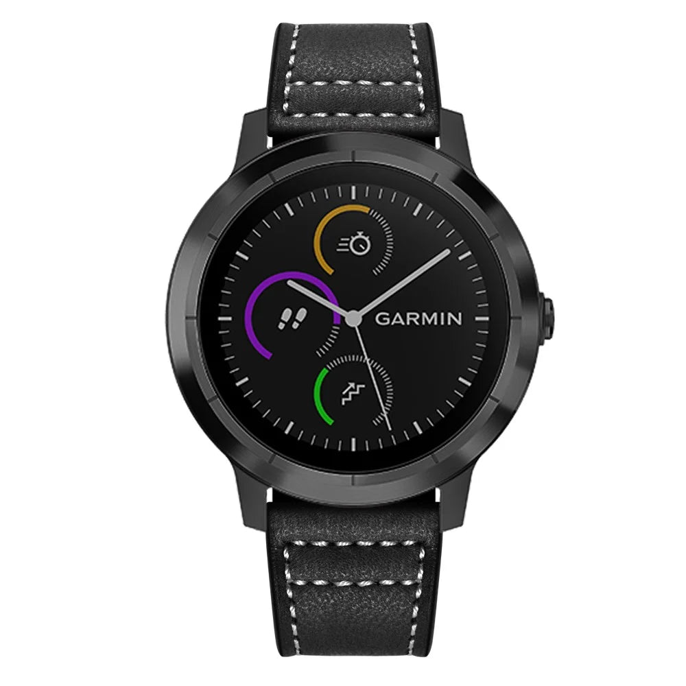 For Garmin Vivoactive 3/Vivomove HR Top-layer Cowhide Leather Silver Buckle Watch Strap 20mm - Black - 4