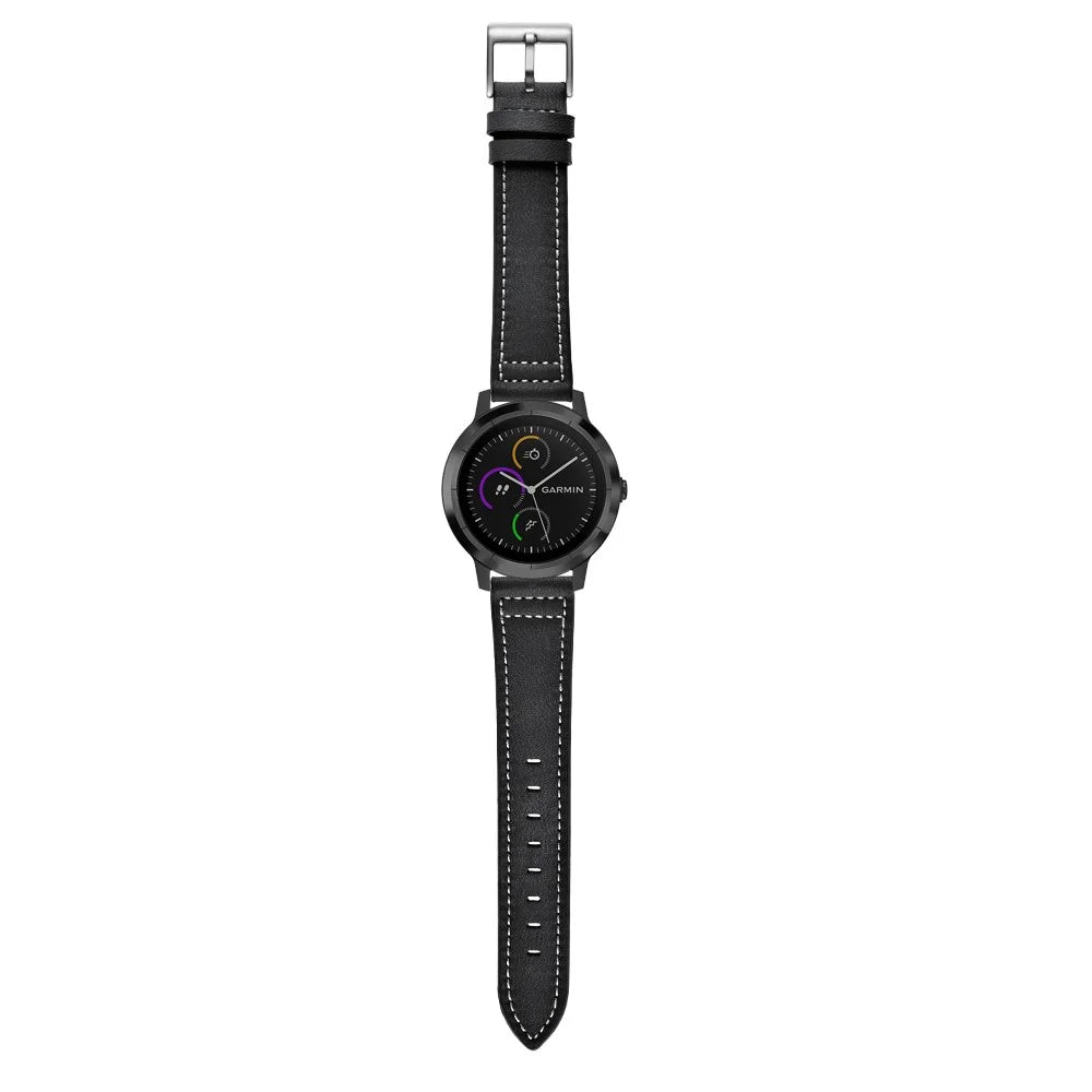 For Garmin Vivoactive 3/Vivomove HR Top-layer Cowhide Leather Silver Buckle Watch Strap 20mm - Black - 5