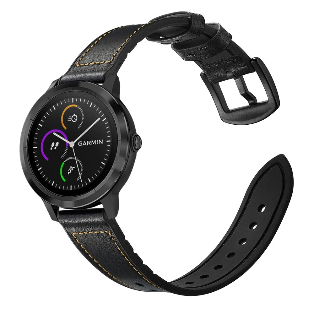 20mm Genuine Leather Coated Silicone Smart Watch Strap for Garmin Vivoactive 3/Vivomove HR - Black - 3