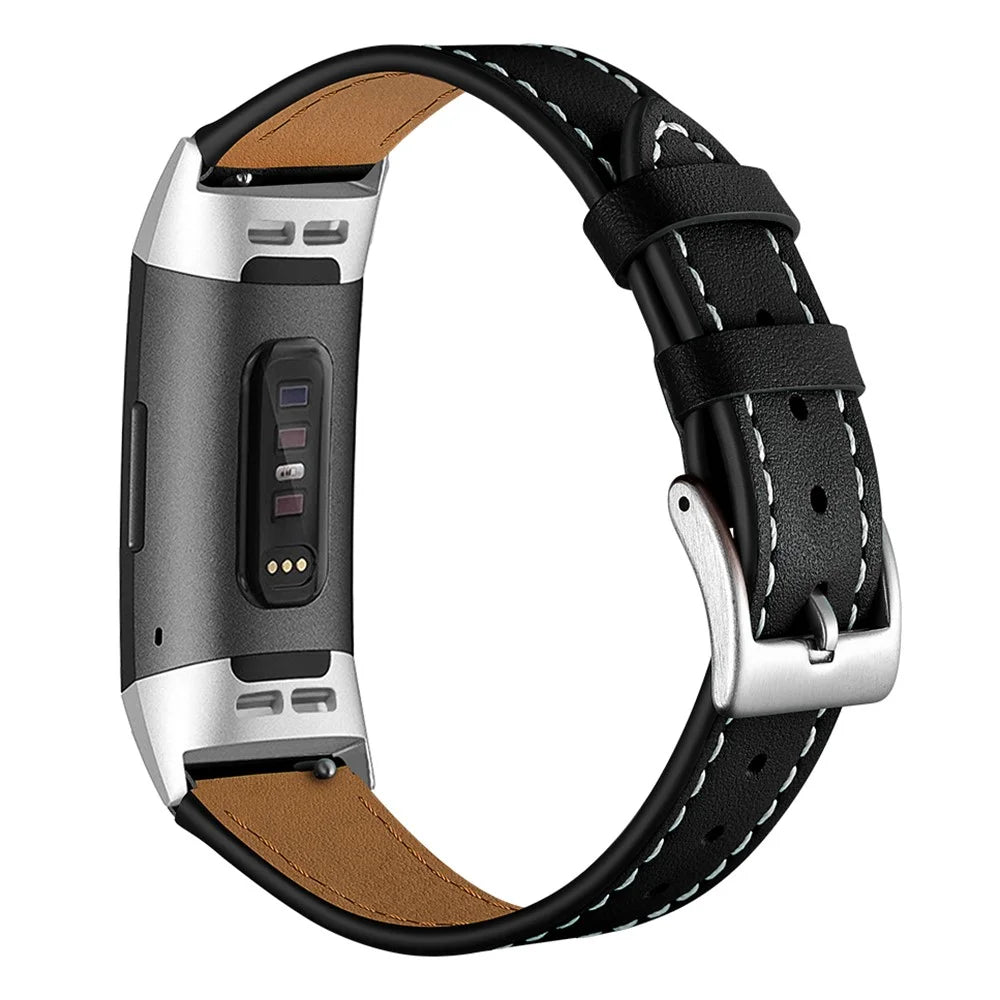 Pointed Tail Design Genuine Leather Replacement Smart Watch Band Wrist Strap for Fitbit Charge 4 / 3 - Black - 1