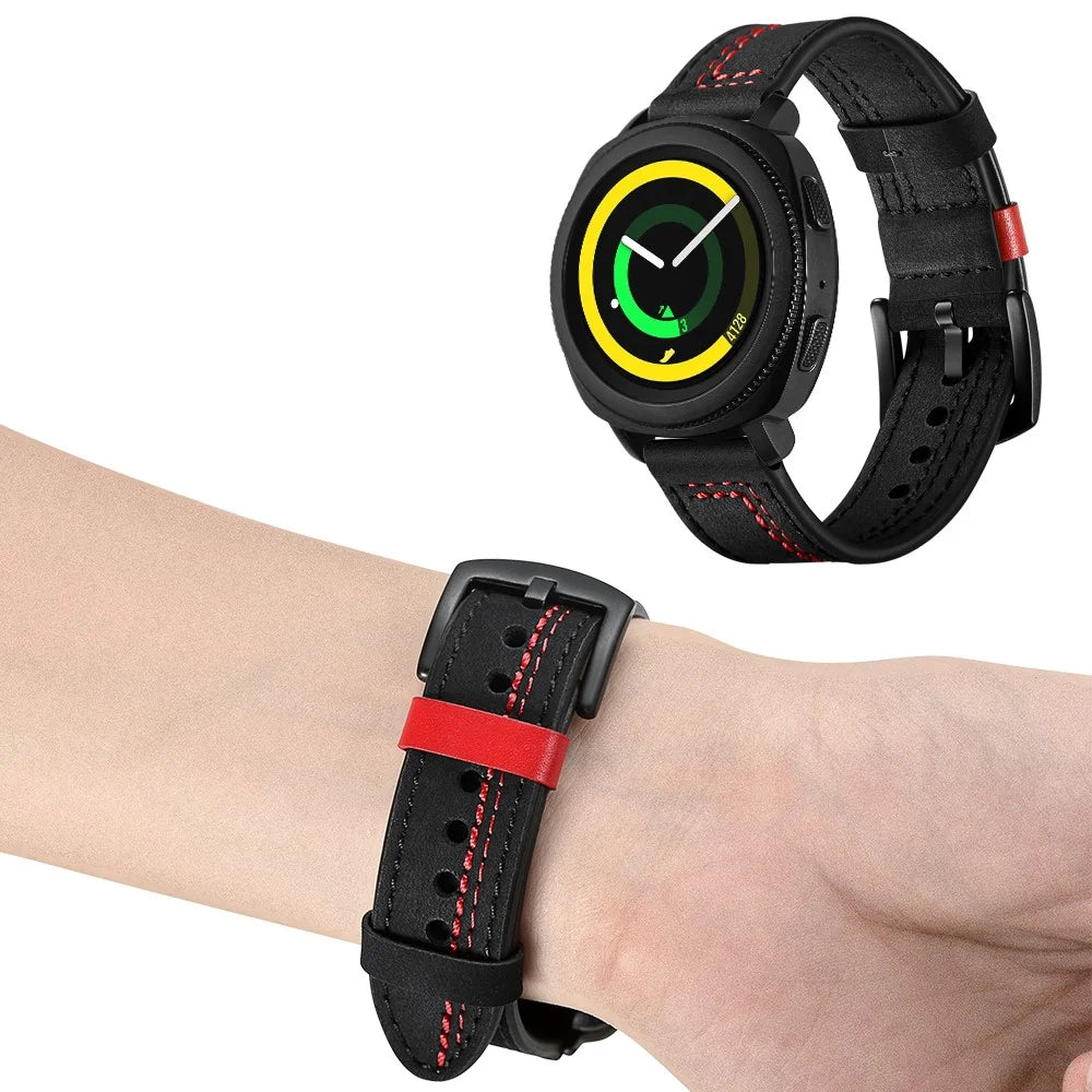 20mm Stitching Decor Genuine Leather Wrist Band Strap Replacement for Samsung Galaxy Watch4 Classic 46mm 42mm/Galaxy Watch4 44mm 40mm/Watch S4 Gear Sport - Black - 7