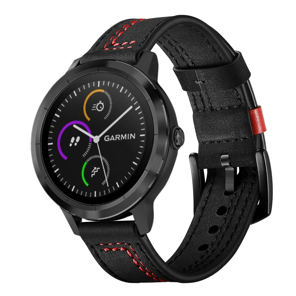 20mm Stitching Design Genuine Leather Wrist Band Strap Replacement for Garmin Vivoactive3 / VivomoveHR - Black - 2