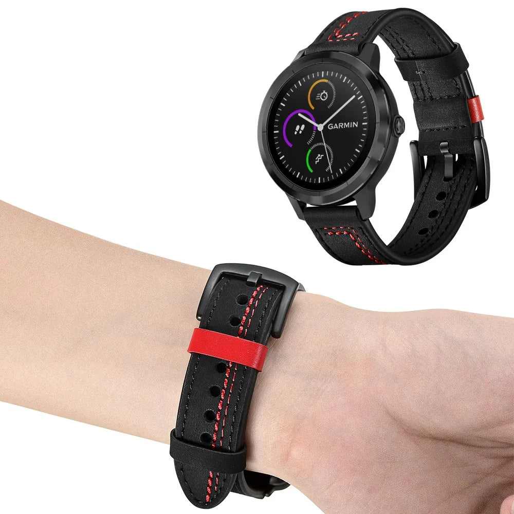 20mm Stitching Design Genuine Leather Wrist Band Strap Replacement for Garmin Vivoactive3 / VivomoveHR - Black - 7