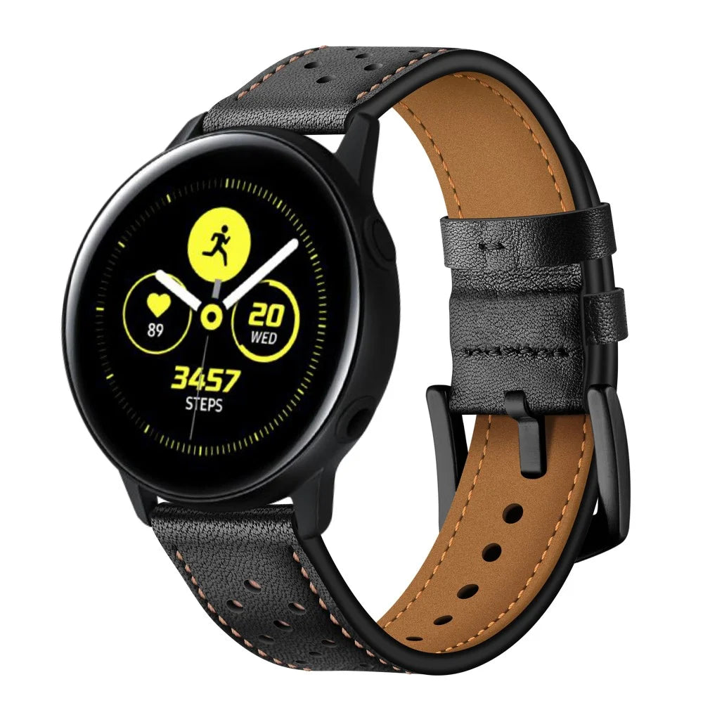20mm Quality Genuine Leather Watch Band Replacement for Samsung Galaxy Watch4 Classic 46mm 42mm/Galaxy Watch4 44mm 40mm/Galaxy Watch Active 2/1 - Black - 4