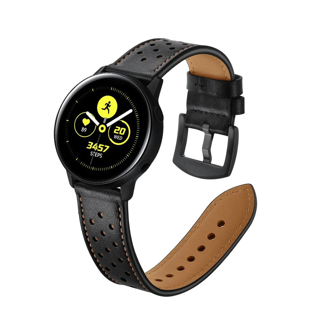 20mm Quality Genuine Leather Watch Band Replacement for Samsung Galaxy Watch4 Classic 46mm 42mm/Galaxy Watch4 44mm 40mm/Galaxy Watch Active 2/1 - Black - 6