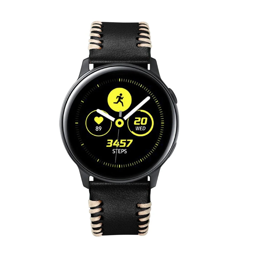 20mm Genuine Leather Watch Band Replacement for Samsung Galaxy Watch4 Classic 46mm 42mm/Galaxy Watch4 44mm 40mm/Galaxy Watch Active 2/1 - Black - 3
