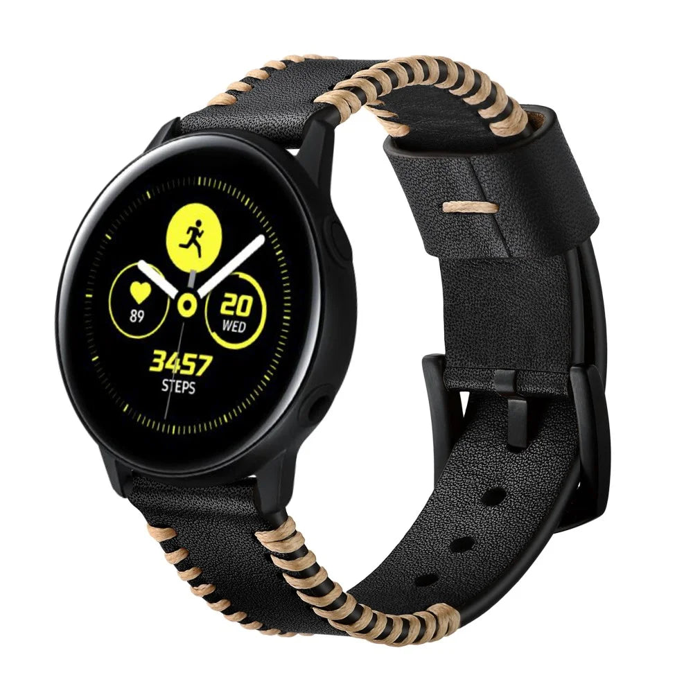 20mm Genuine Leather Watch Band Replacement for Samsung Galaxy Watch4 Classic 46mm 42mm/Galaxy Watch4 44mm 40mm/Galaxy Watch Active 2/1 - Black - 4