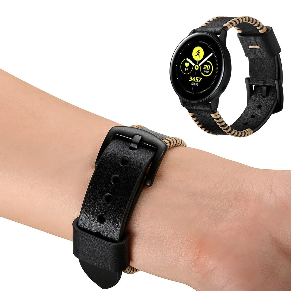 20mm Genuine Leather Watch Band Replacement for Samsung Galaxy Watch4 Classic 46mm 42mm/Galaxy Watch4 44mm 40mm/Galaxy Watch Active 2/1 - Black - 7