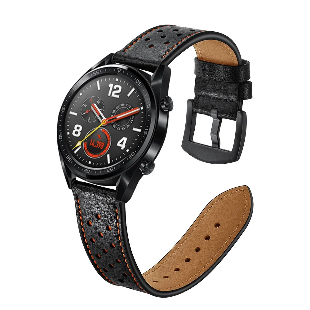 For Huawei Watch GT 2/1 with Holes Cowhide Genuine Leather Watch Band 22mm - Black - 2
