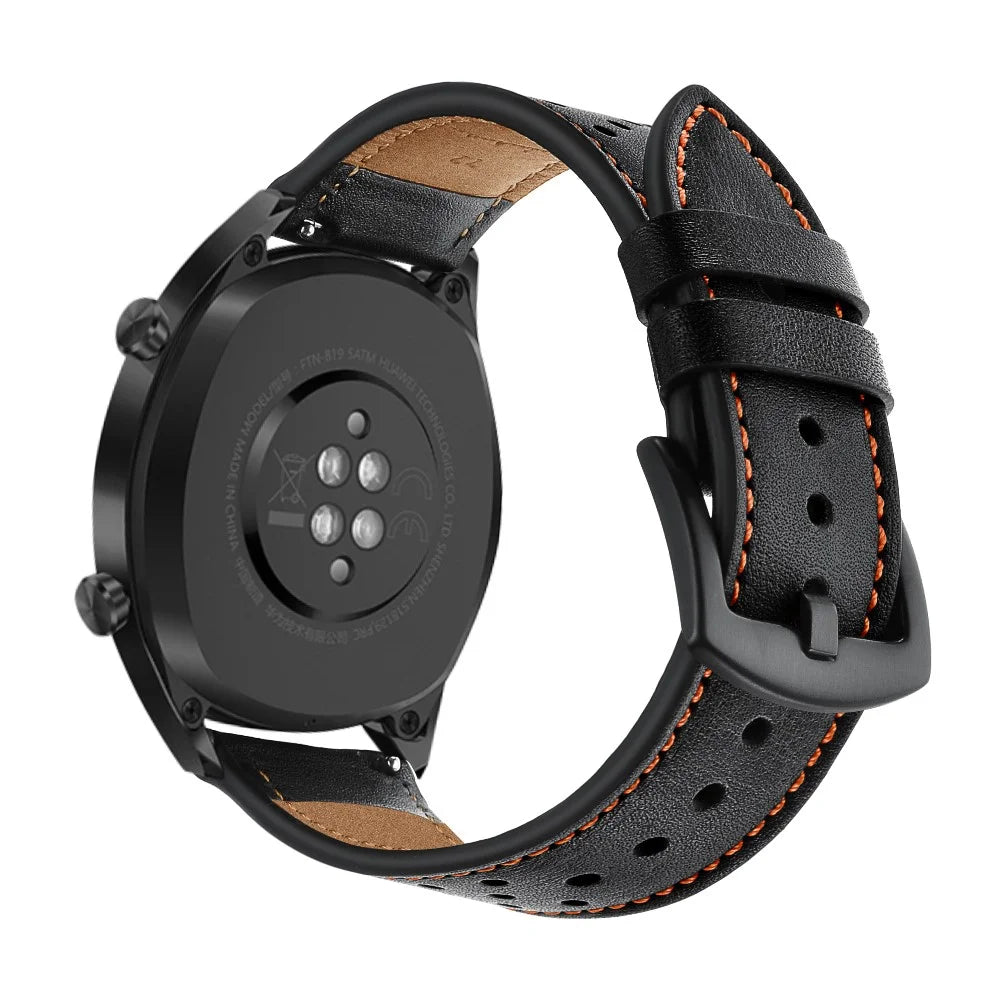 For Huawei Watch GT 2/1 with Holes Cowhide Genuine Leather Watch Band 22mm - Black - 3