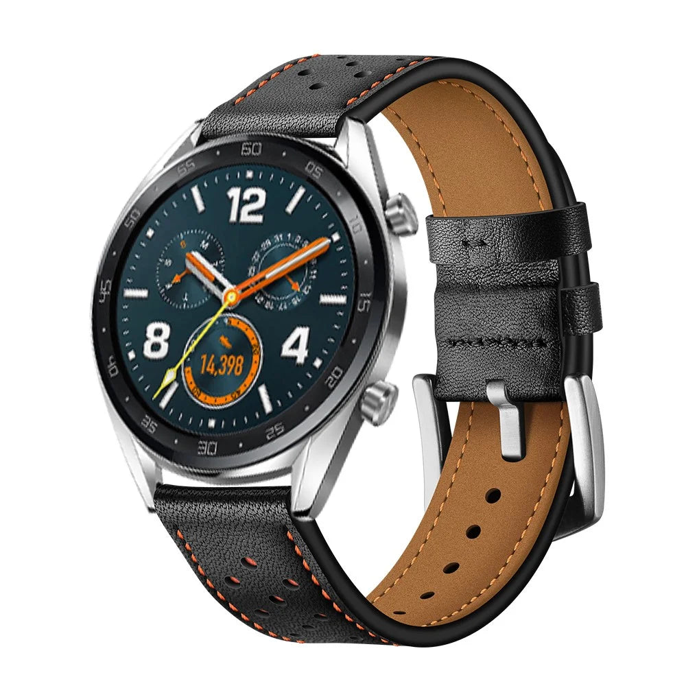 For Huawei Watch GT 2/1 with Holes Cowhide Genuine Leather Watch Band 22mm - Black - 5