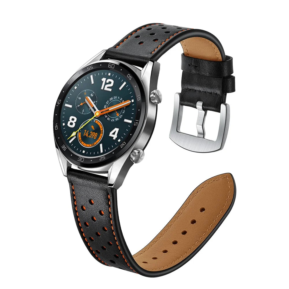 For Huawei Watch GT 2/1 with Holes Cowhide Genuine Leather Watch Band 22mm - Black - 6