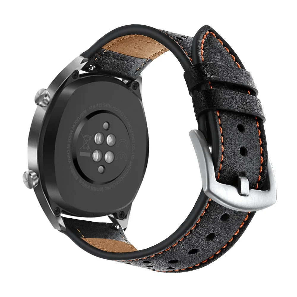 For Huawei Watch GT 2/1 with Holes Cowhide Genuine Leather Watch Band 22mm - Black - 7