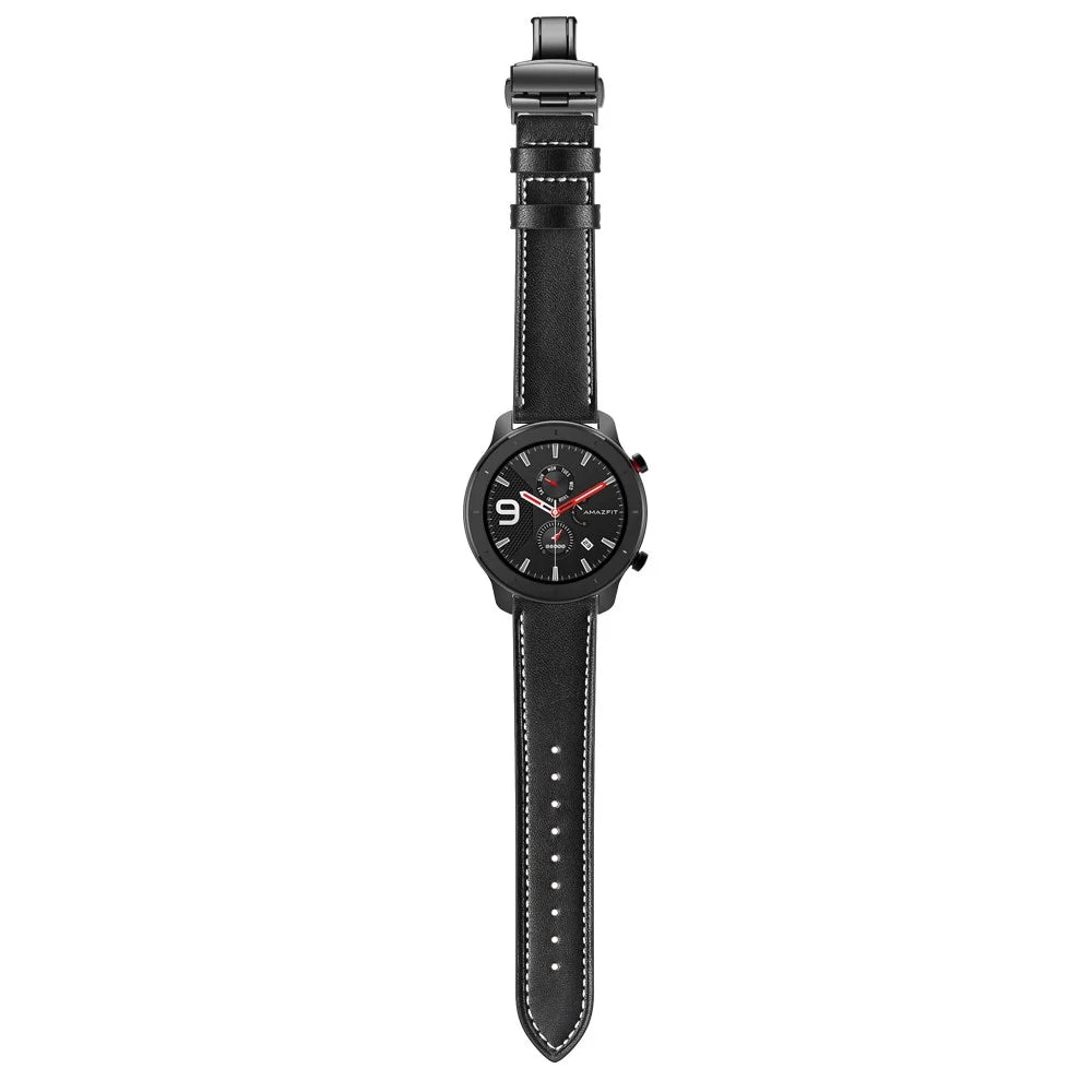20mm Genuine Leather Watch Strap for Huami Amazfit GTR 42mm - Black Butterfly Buckle / Black - 3