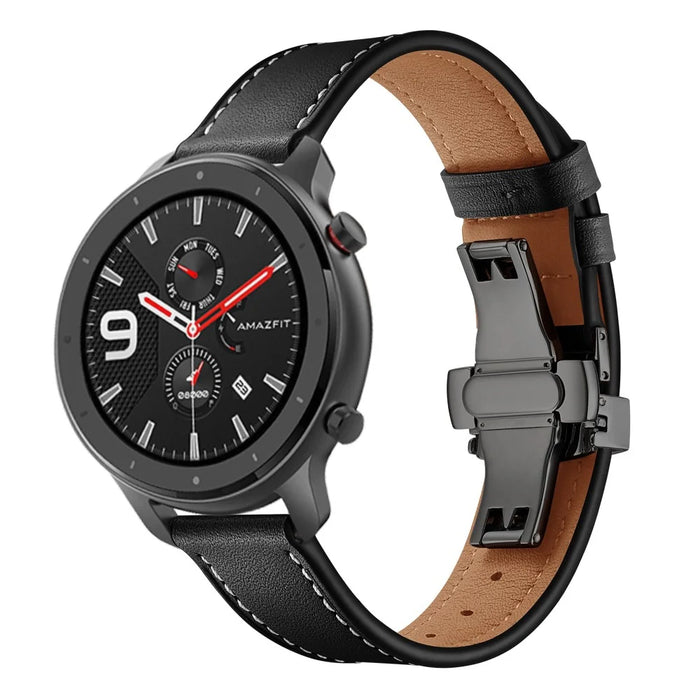Genuine Leather Watch Band 22mm for Huami Amazfit GTR 47mm - Black Butterfly Buckle / Black - 4