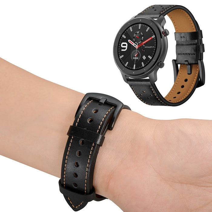 22mm Stitching Decor Top-layer Genuine Leather Smart Watch Band Replacement for Huami Amazfit GTR 47mm - Black - 6