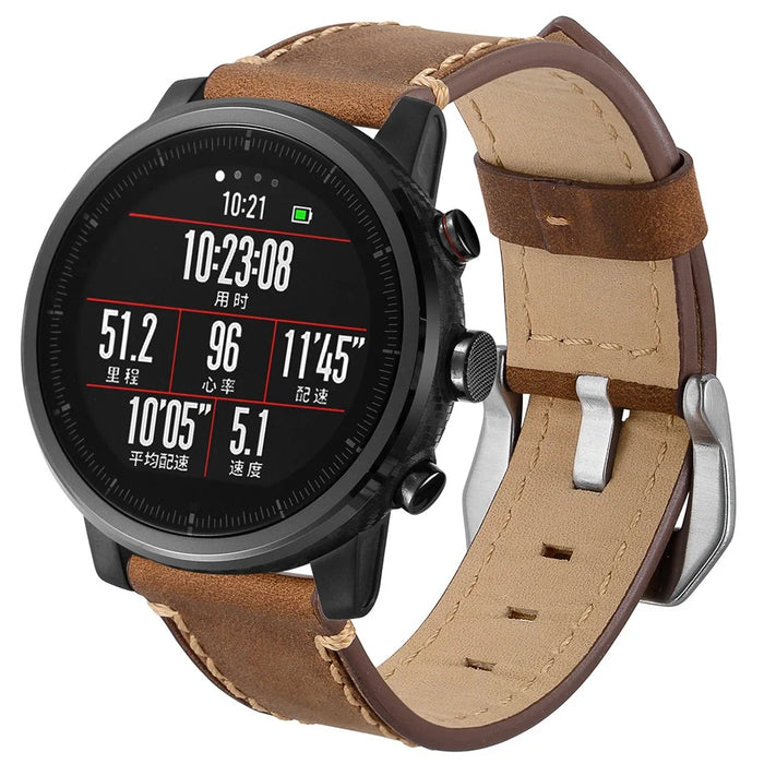 Genuine Leather Smart Watch Band for Huami Amazfit Watch 2/1 22mm- Brown - 2