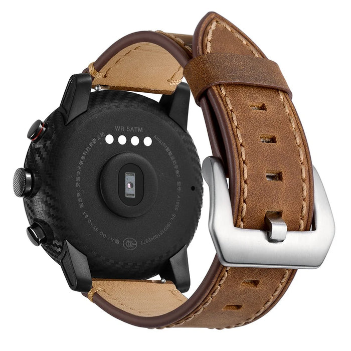 Genuine Leather Smart Watch Band for Huami Amazfit Watch 2/1 22mm- Brown - 3