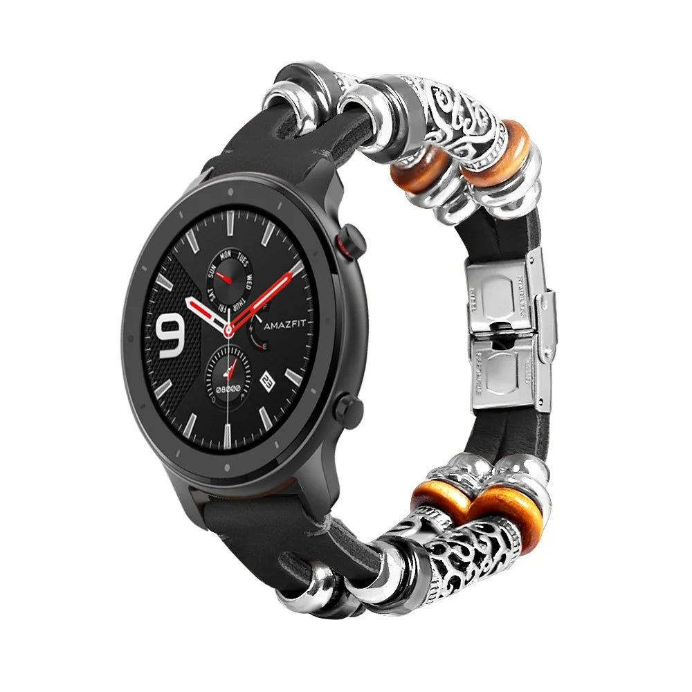 20mm Handmade Cowhide Leather Bead DIY Retro Watch Strap for Amazfit GTR 42mm etc. - Black - 2