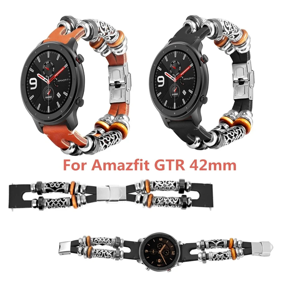 20mm Handmade Cowhide Leather Bead DIY Retro Watch Strap for Amazfit GTR 42mm etc. - Black - 5
