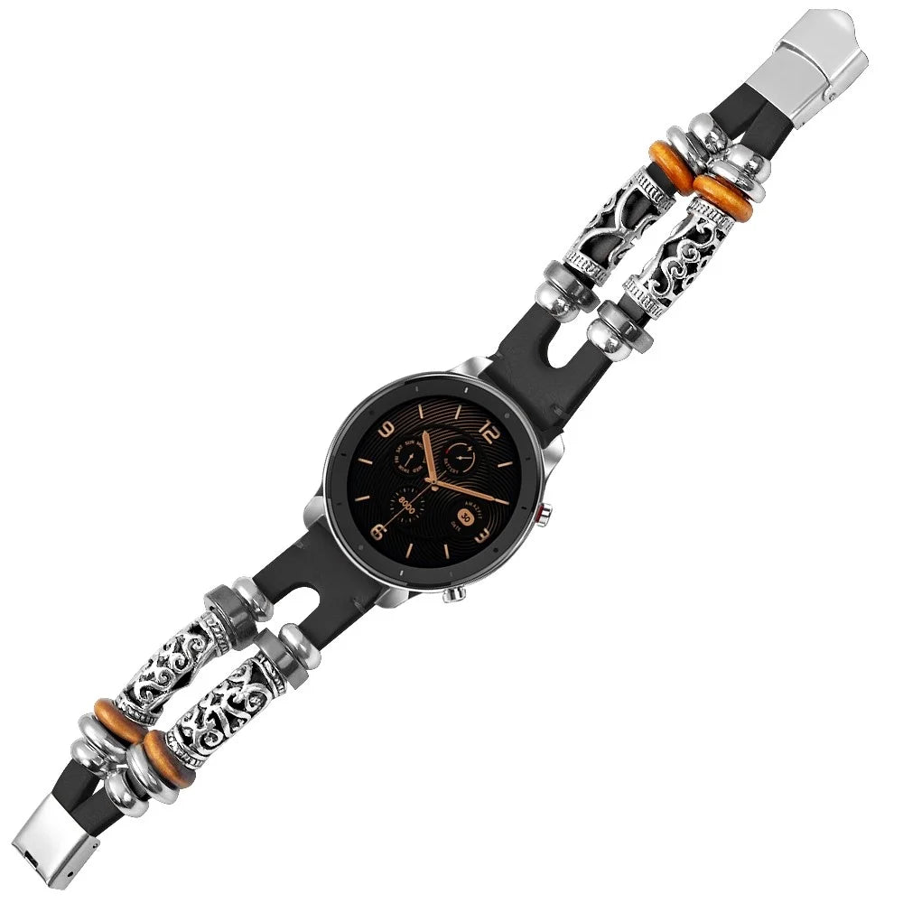 22mm Handmade Retro Cowhide Leather Bead DIY Watch Band for Huami Amazfit GTR 47mm/Samsung Galaxy Watch 46mm etc. - Black - 3