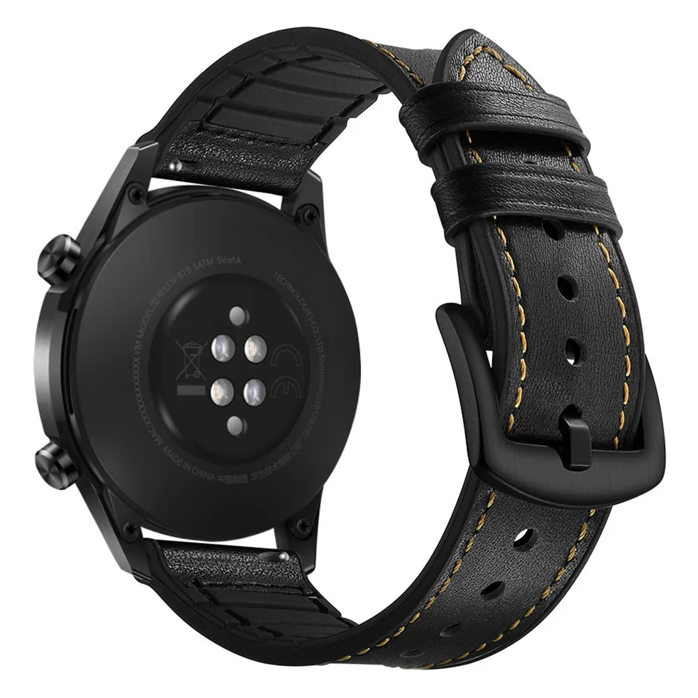 For Huawei Watch GT 2 46mm Genuine Cow Leather Coated Silicone Smart Watch Strap 22mm Wrist Band - Black - 1