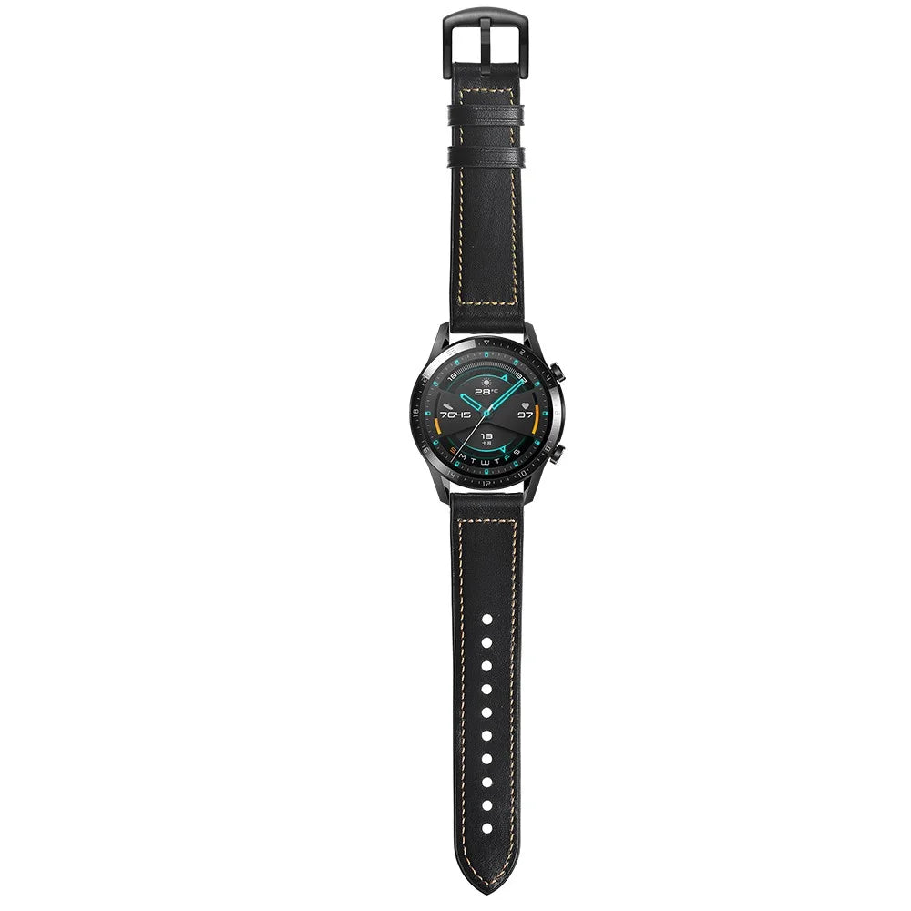For Huawei Watch GT 2 46mm Genuine Cow Leather Coated Silicone Smart Watch Strap 22mm Wrist Band - Black - 3