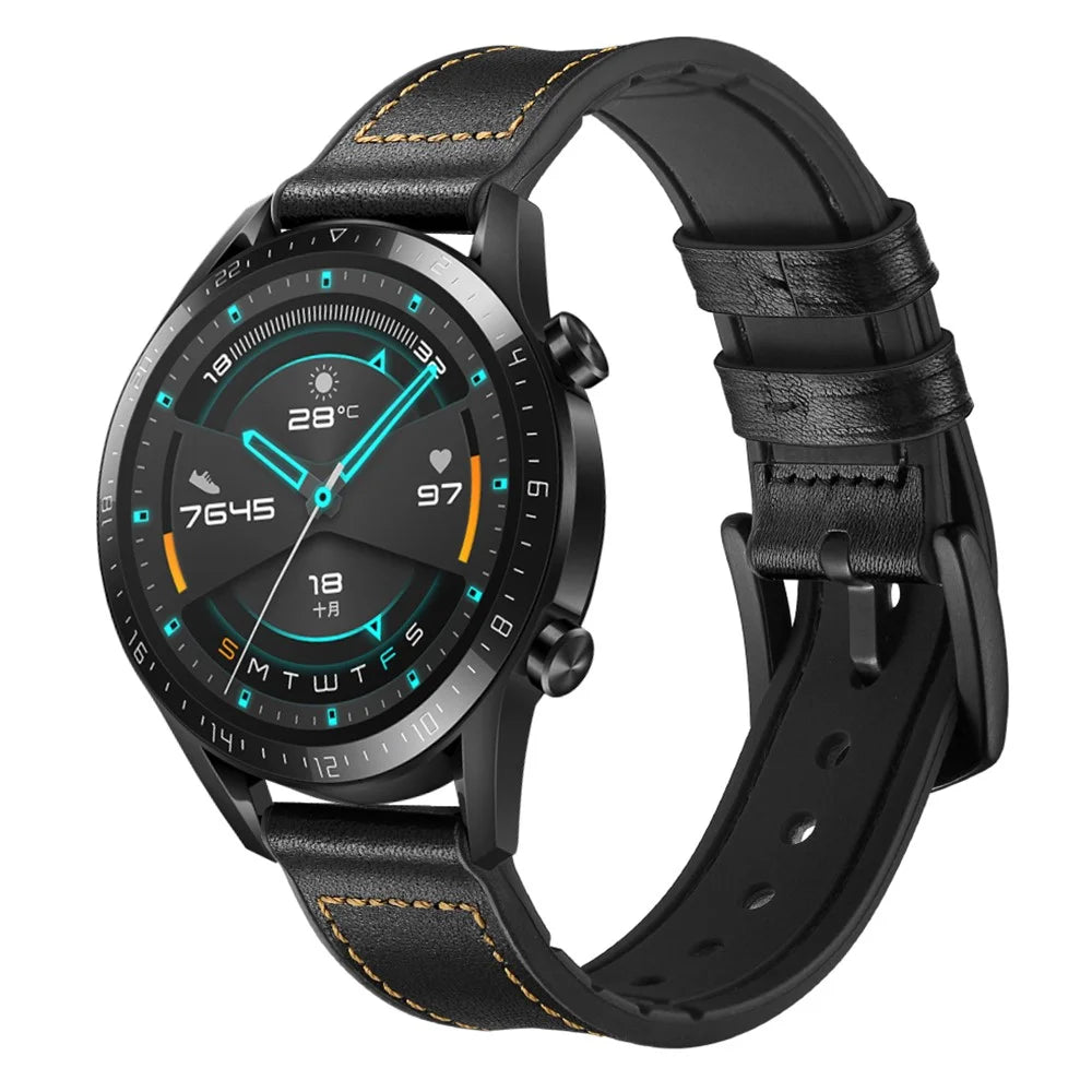 For Huawei Watch GT 2 46mm Genuine Cow Leather Coated Silicone Smart Watch Strap 22mm Wrist Band - Black - 6