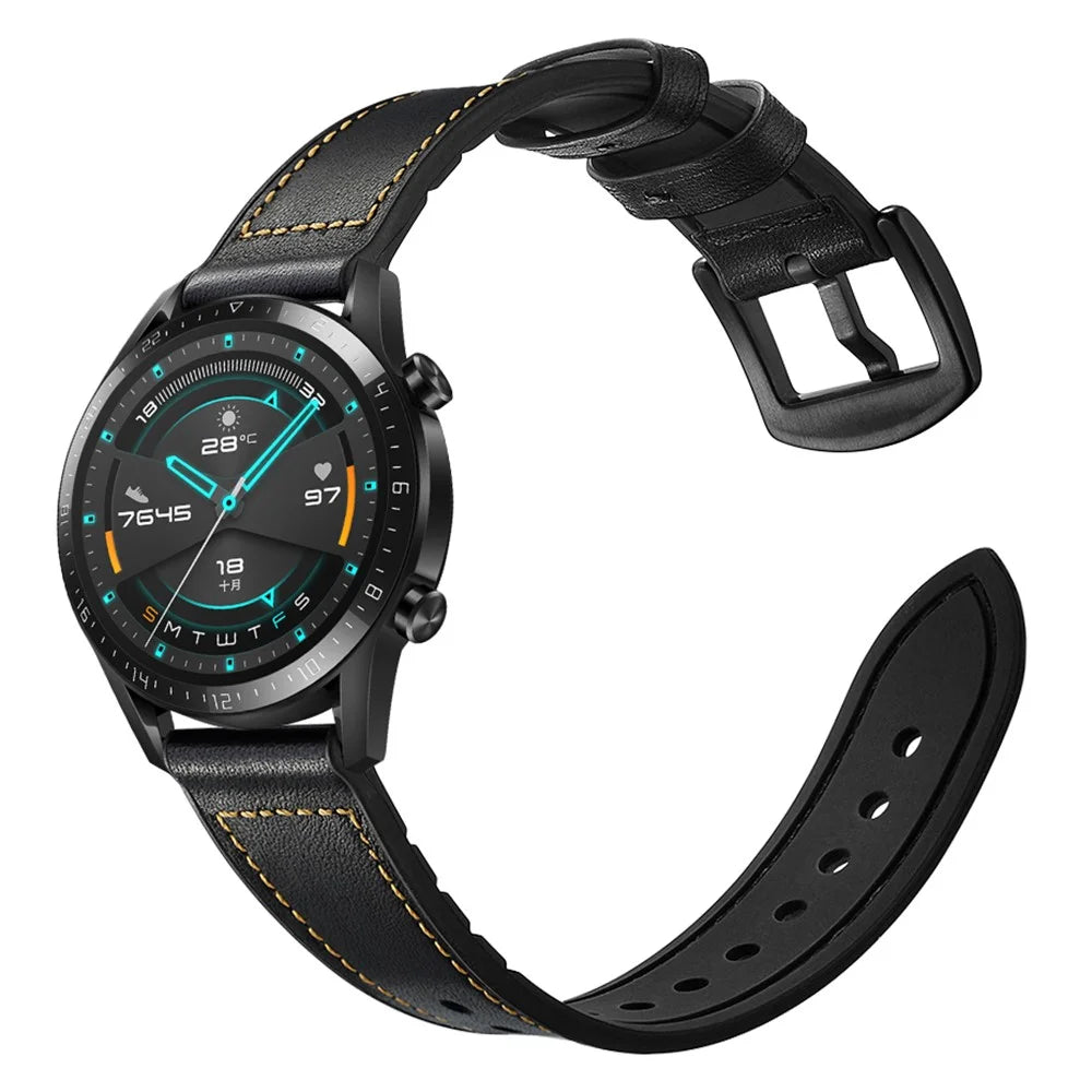 For Huawei Watch GT 2 46mm Genuine Cow Leather Coated Silicone Smart Watch Strap 22mm Wrist Band - Black - 7