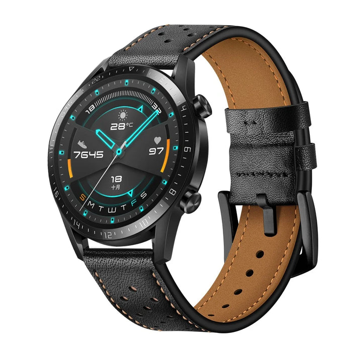 Holes Design Genuine Leather Strap Replacement Watch Band 22mm for Huawei Watch GT 2 46mm - Black - 2