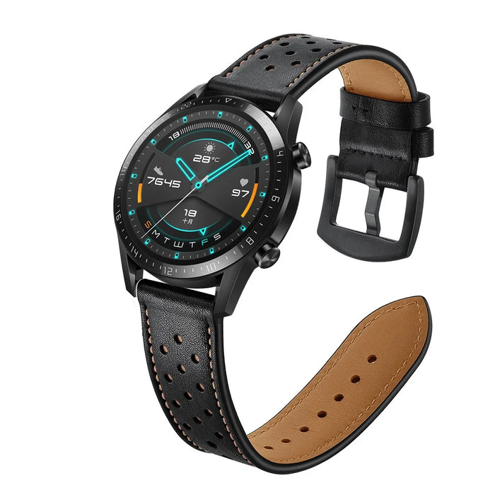 Holes Design Genuine Leather Strap Replacement Watch Band 22mm for Huawei Watch GT 2 46mm - Black - 4