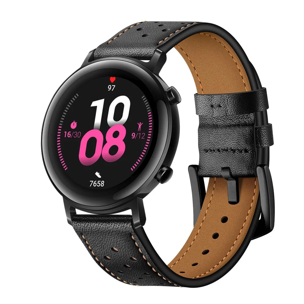 20mm Holes Design Genuine Leather Watch Strap for Huawei Watch GT 2 42mm - Black - 3