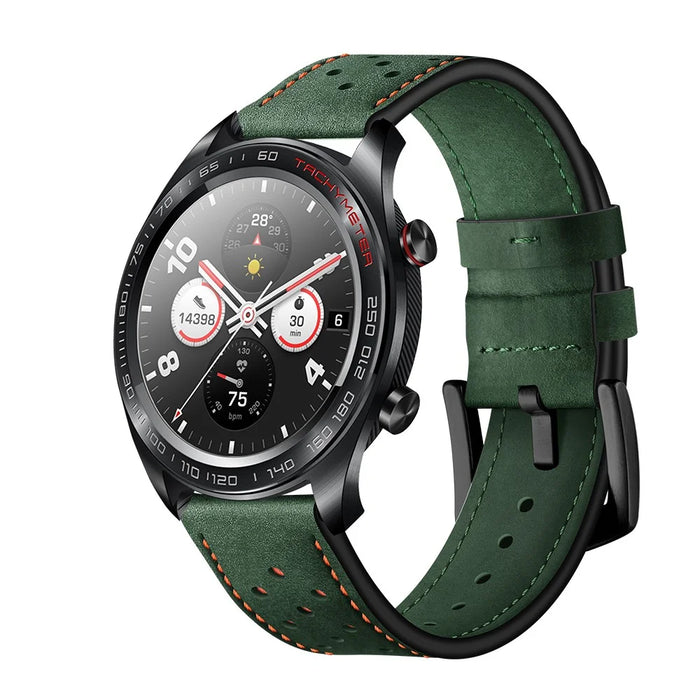 22mm Holes Genuine Leather Watch Band Strap for Huawei Honor Magic Watch - Green - 2