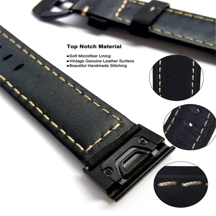 Genuine Leather Watchband Replacement Strap for Garmin MARQ Series/Fenix5/5X/5S/Forerunner945/Approach S60 - Black - 5