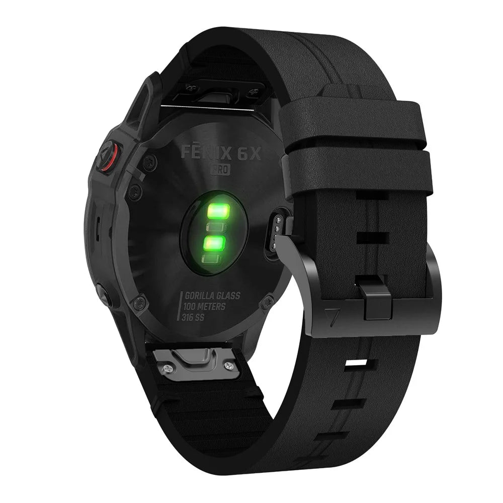 For Garmin Fenix 6X Genuine Leather Smart Watch Replacement Band Wrist Strap - Black - 1