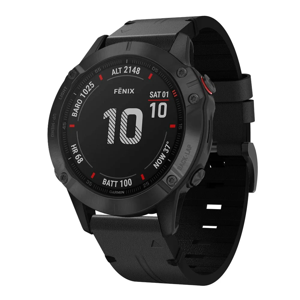 For Garmin Fenix 6X Genuine Leather Smart Watch Replacement Band Wrist Strap - Black - 2