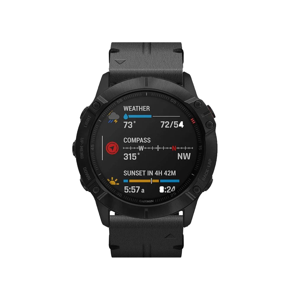 For Garmin Fenix 6X Genuine Leather Smart Watch Replacement Band Wrist Strap - Black - 6