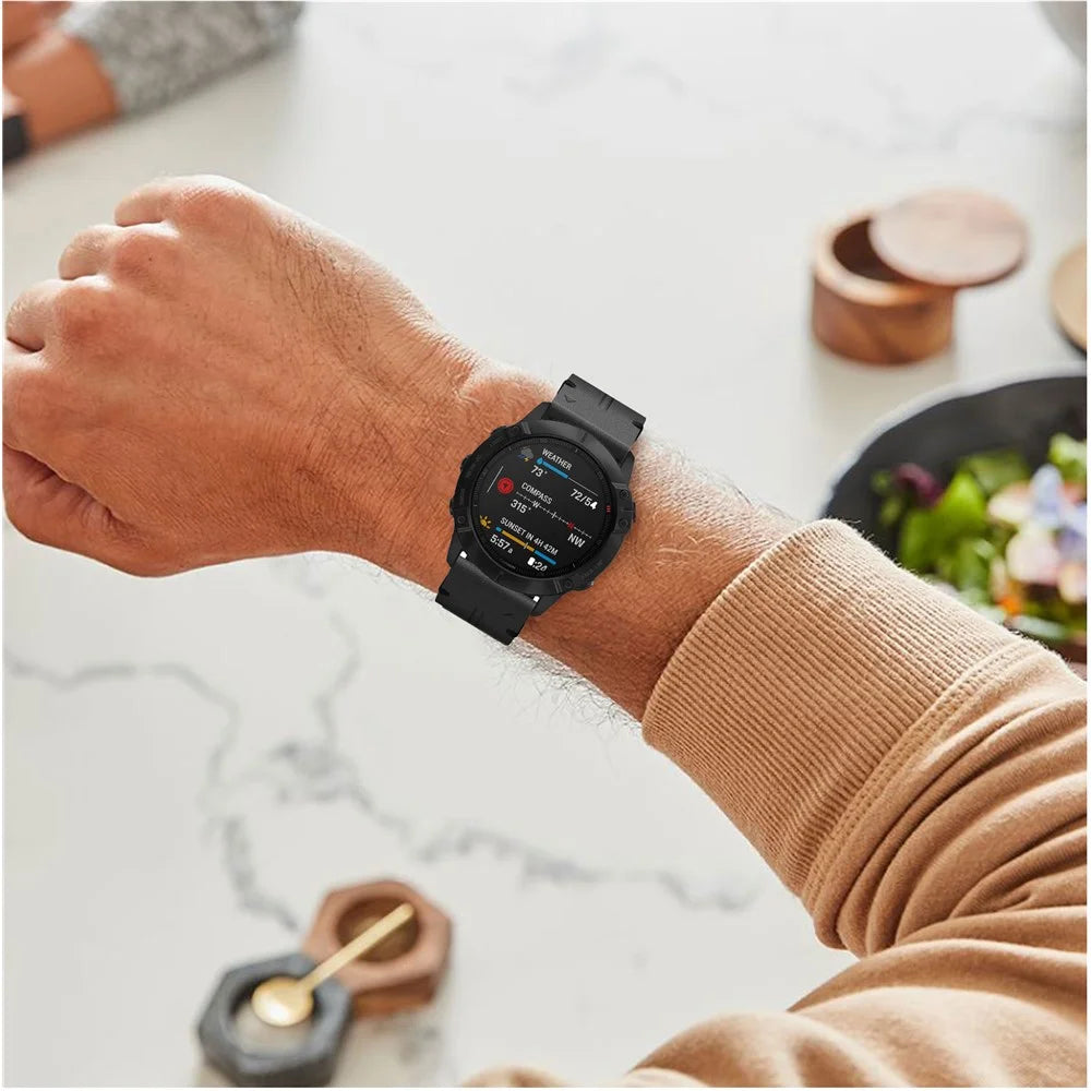 For Garmin Fenix 6X Genuine Leather Smart Watch Replacement Band Wrist Strap - Black - 7