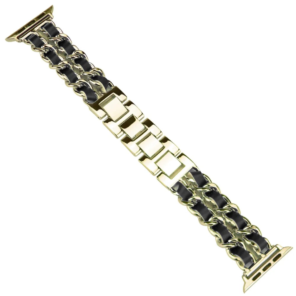 Metal + PU Leather Weave Smart Watch Replacement Strap for Apple Watch Ultra 3 2 1 49mm / Series 11 10 46mm / 9 8 7 45mm / SE3 SE2 SE 6 5 4 44mm / 3 2 1 42mm - Gold / Black - 1